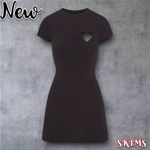 New NWT SKIMS Black Cotton Jersey Heart Mini Dress - Black - Small - Picture 1 of 3